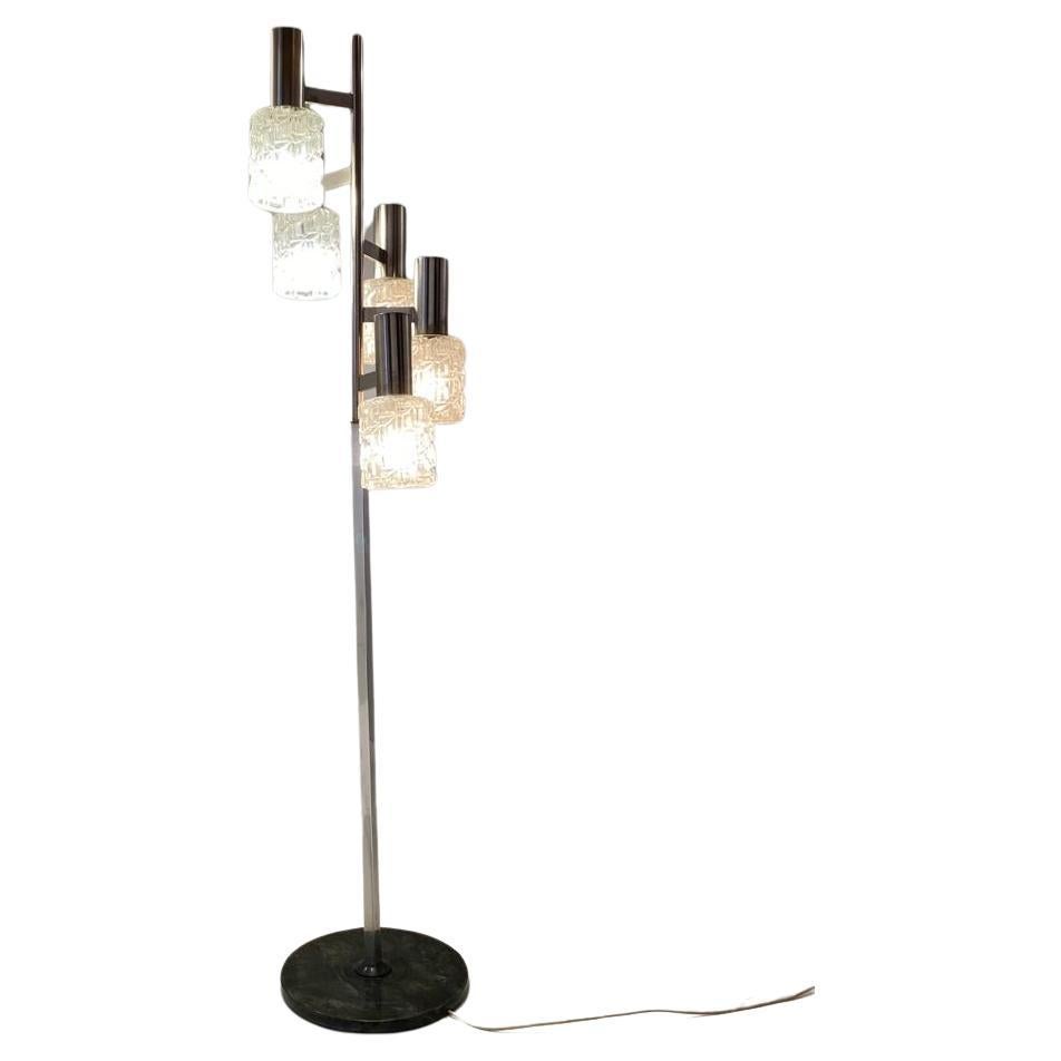 Mid-Century Modern Lampadaire chromé vintage avec cinq globes en verre décorés, Italie, années 1960 en vente