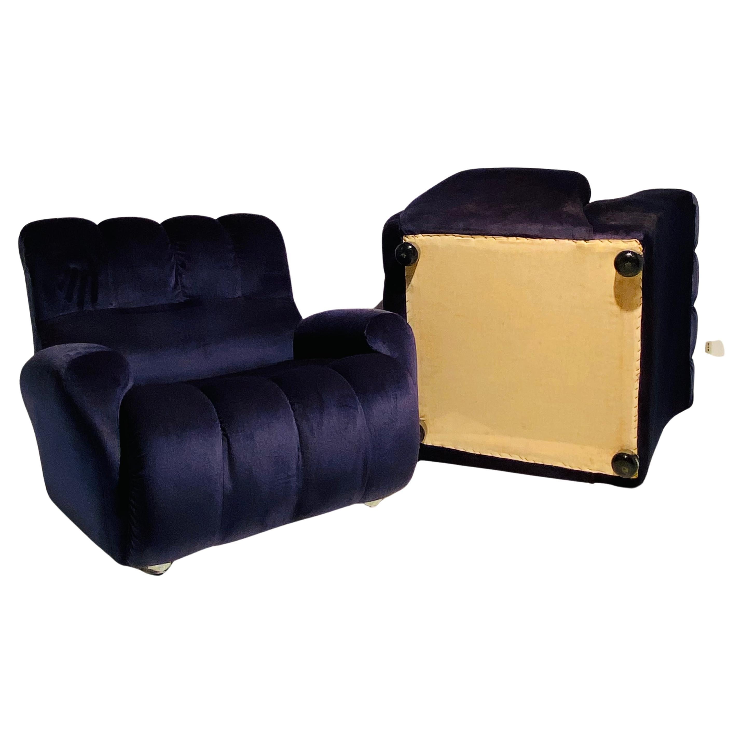 20th Century Midcentury Modern Blue Velvet Armchairs, Set of Two, Italy 1980s For Sale