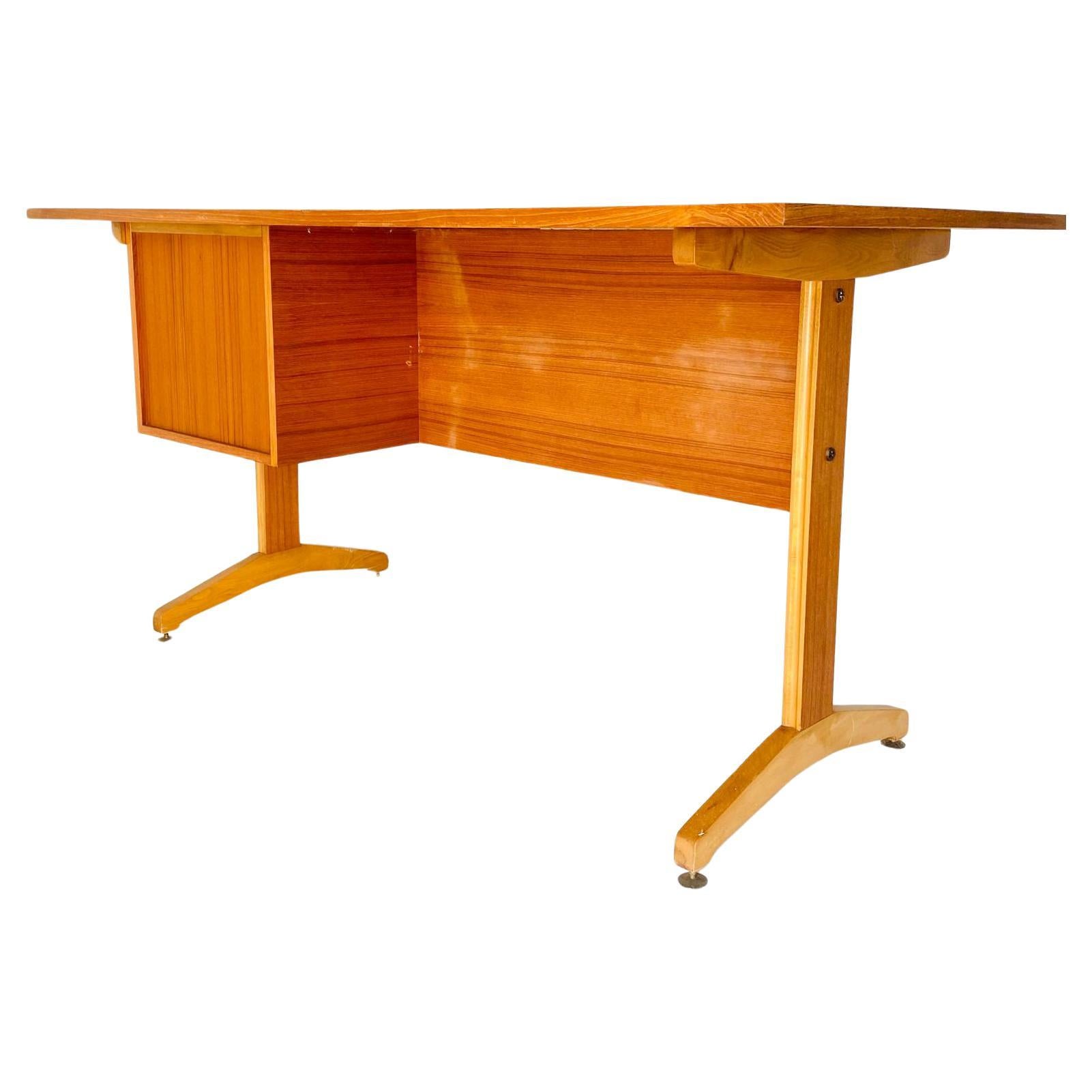 Brass Midcentury teak desk in the style of Gianfranco Frattini, Italy 1960's For Sale