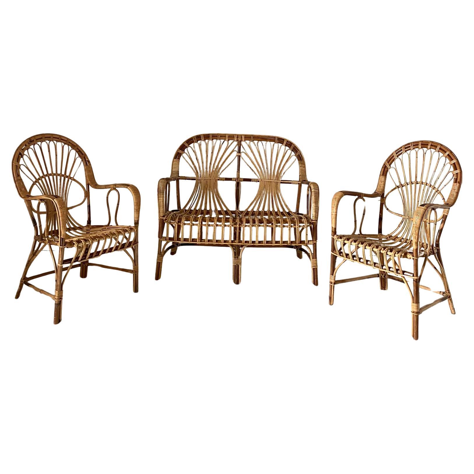 Rattan Armchairs and Sofa Garden Set attributed to Franco Albini,  Italy 1960