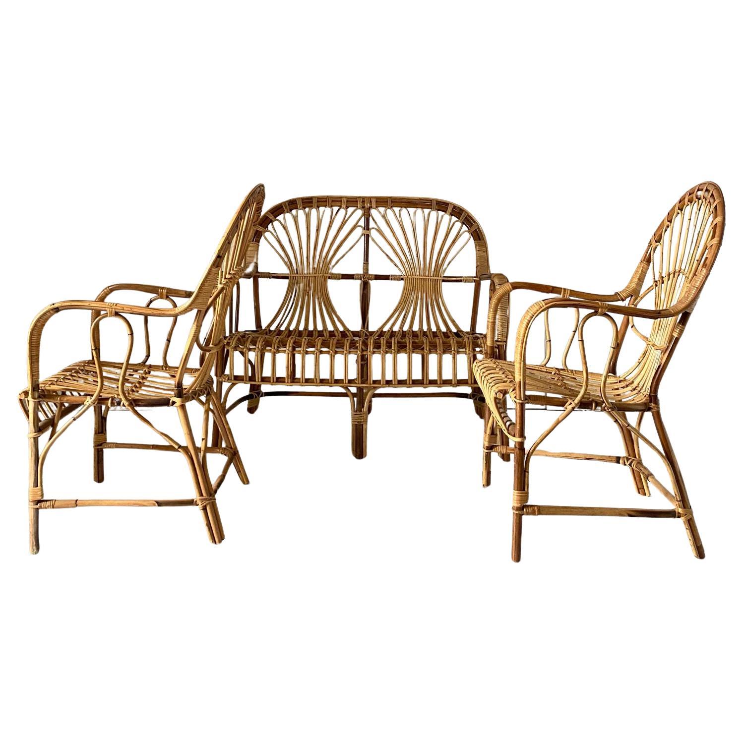 Mid-Century Modern Rattan Armchairs and Sofa Garden Set attributed to Franco Albini,  Italy 1960's For Sale
