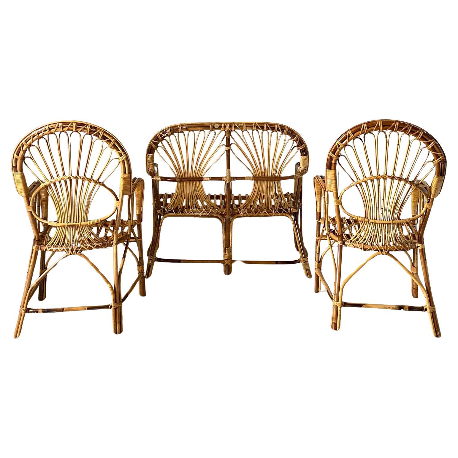 Italian Rattan Armchairs and Sofa Garden Set attributed to Franco Albini,  Italy 1960's For Sale