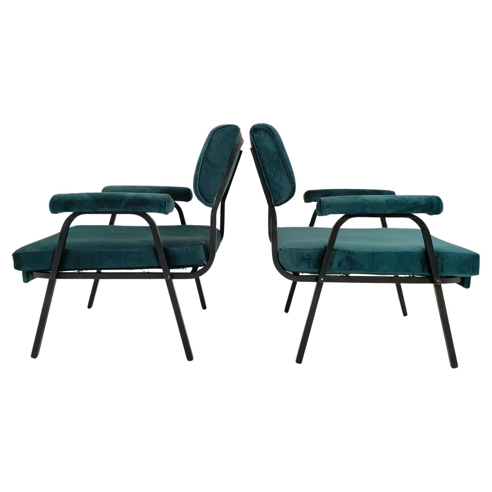 Green velvet lounge chairs, Set of Two, vintage, Italy, 1960s