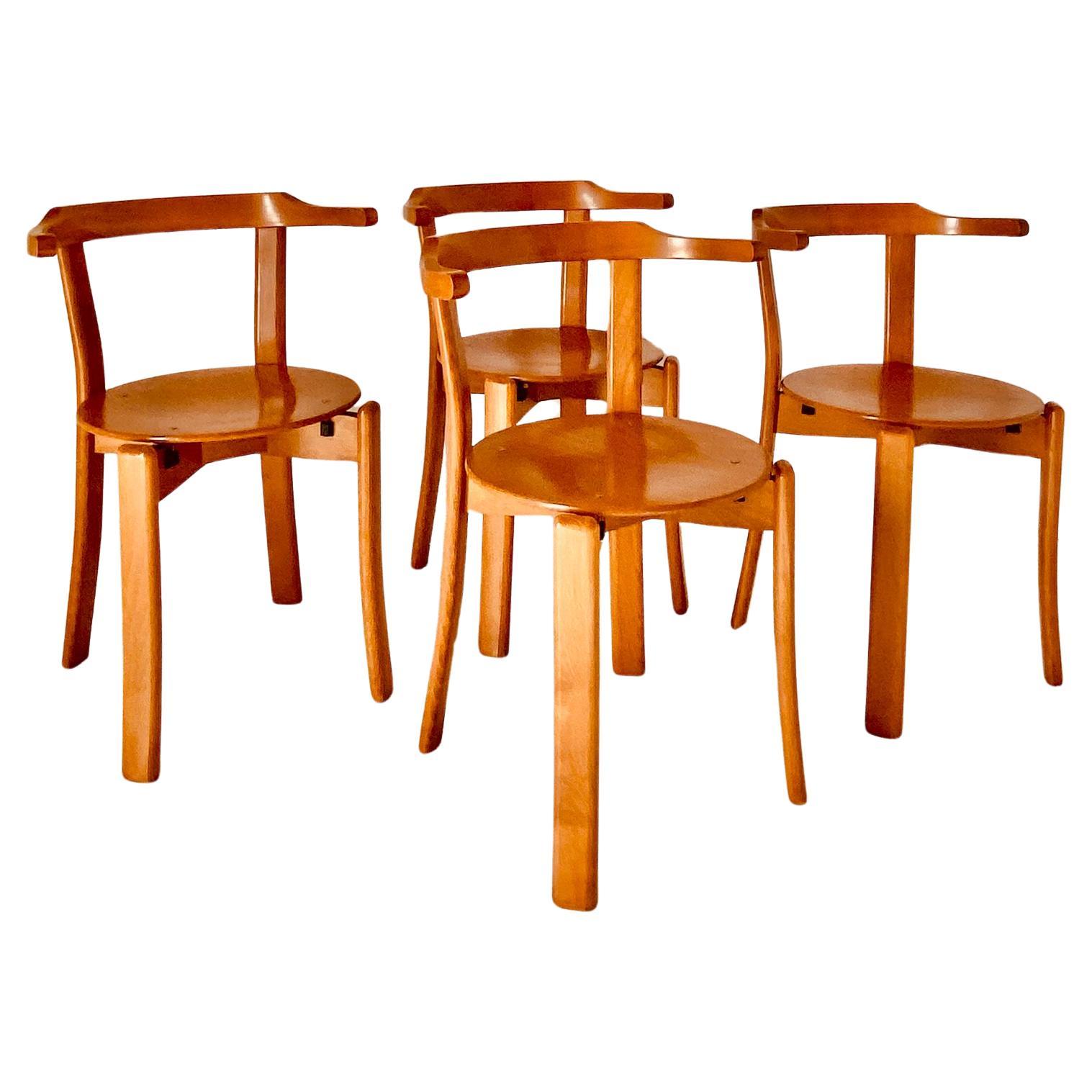 Late 20th Century Vintage wood dining chairs in the style of Bruno Rey, set of four, Italy, 1970s For Sale