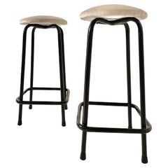 Midcentury Modern Industrial Iron and Velvet Stools, Set of Two, Italy 1960s