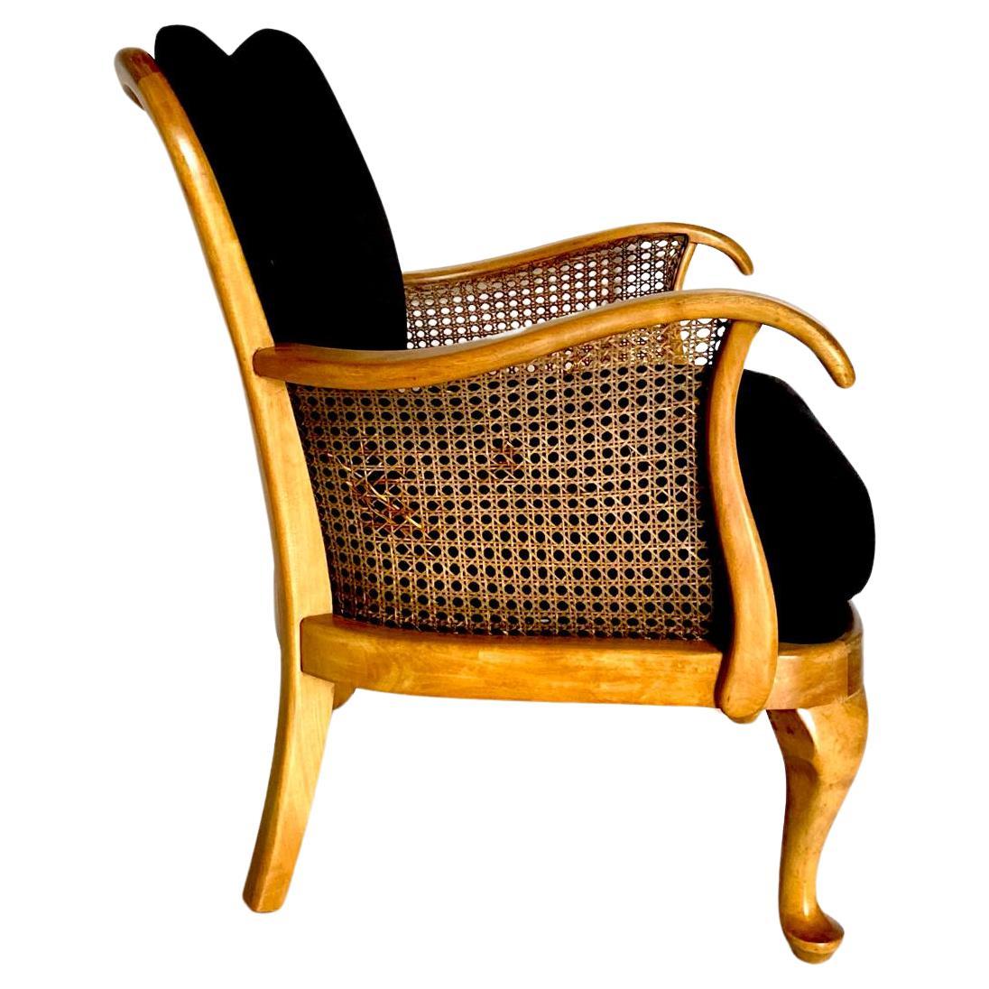 Cane armchair with black velvet cover, 1930 art deco, France In Good Condition In Ceglie Messapica, IT