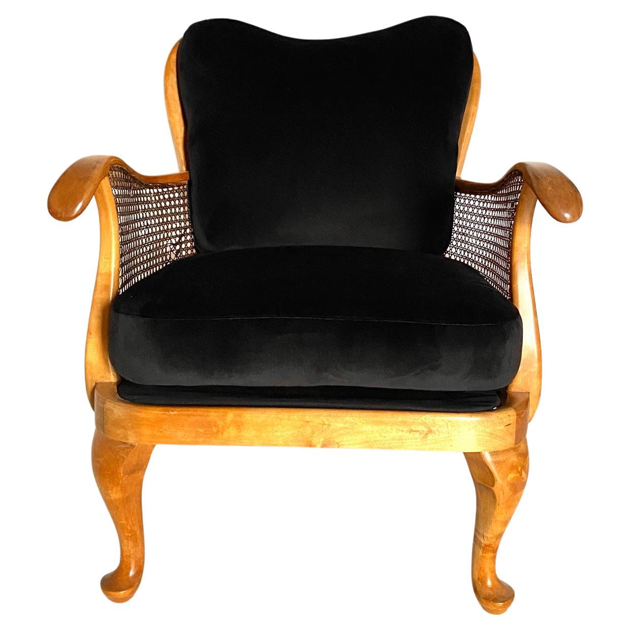 Mid-20th Century Cane armchair with black velvet cover, 1930 art deco, France