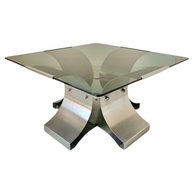 Tavolino space age in vetro fumè e acciaio, Francois Monnet anni 70 For Sale