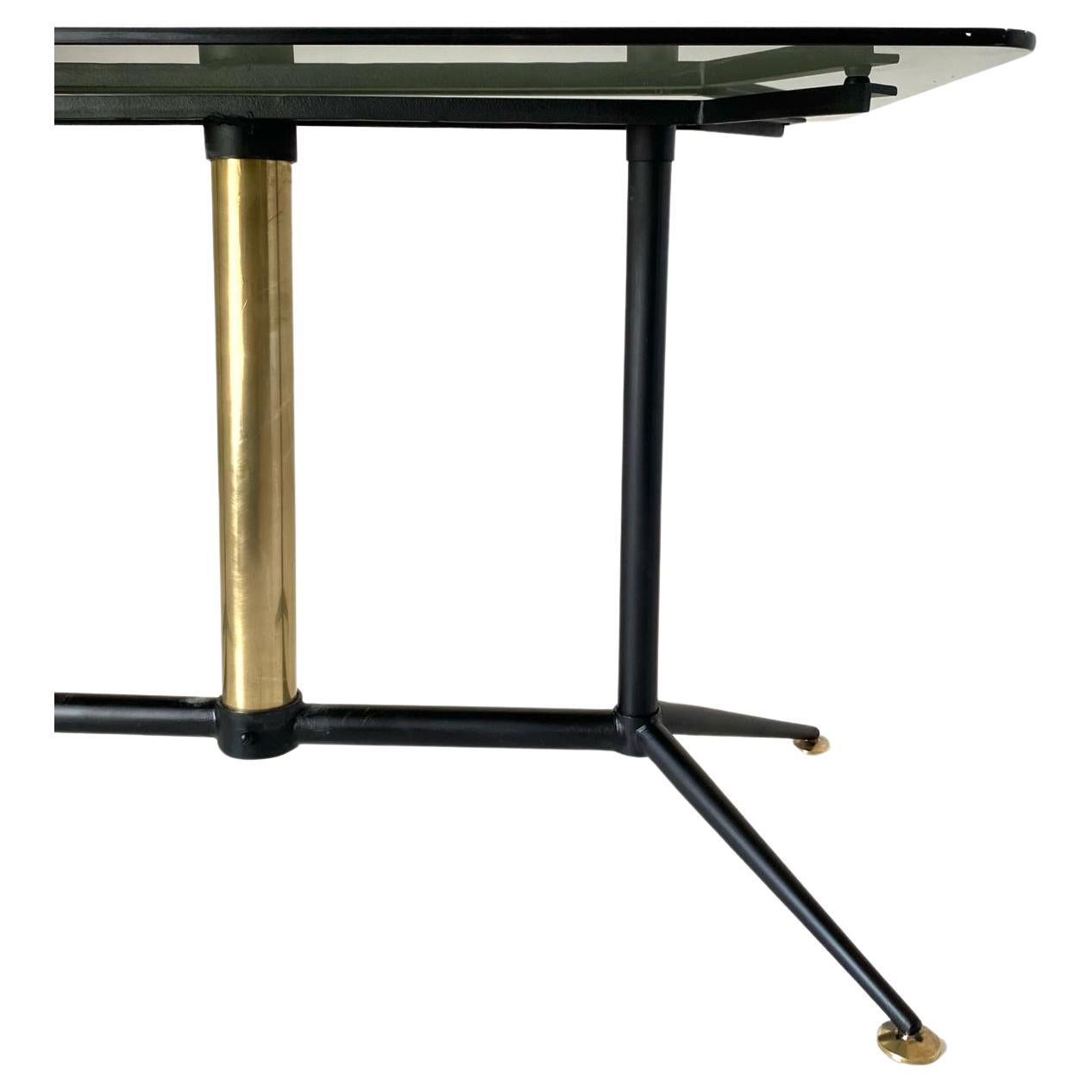 Brass Vintage brass and smoke glass coffee table, Italy 1960s For Sale