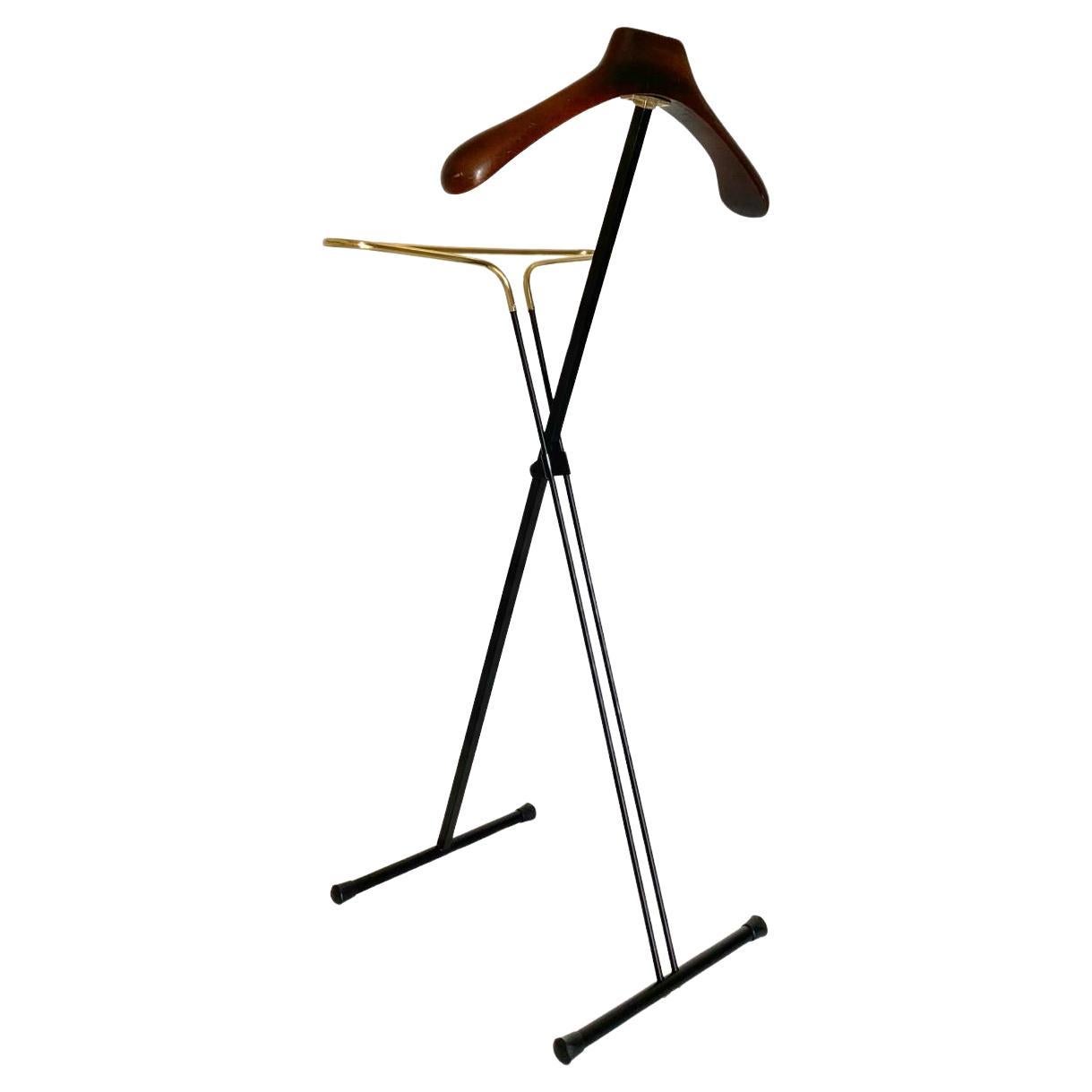 Mid-Century Modern Vintage folding valet stand in wood, iron and brass, Reguitti, Italy 1950s For Sale