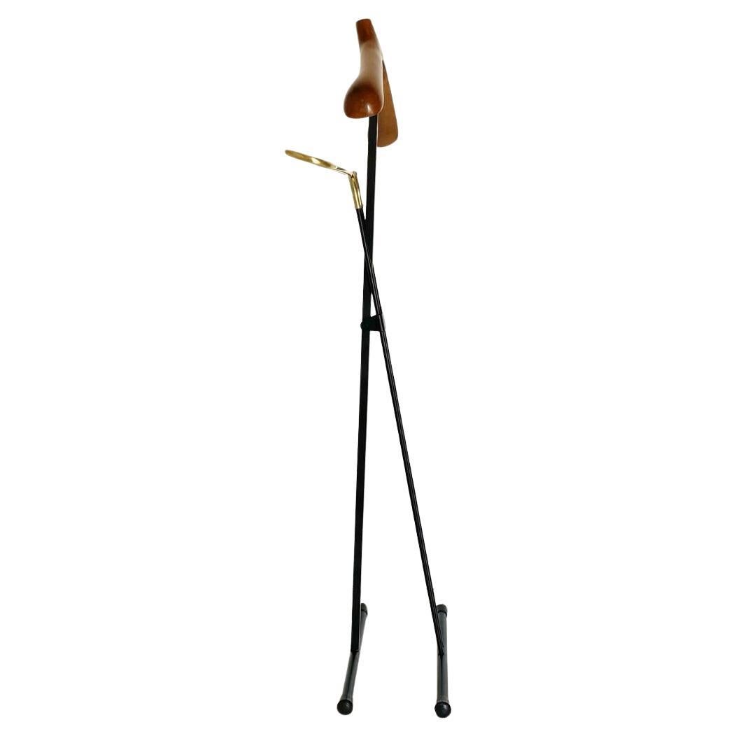 Brass Vintage folding valet stand in wood, iron and brass, Reguitti, Italy 1950s For Sale