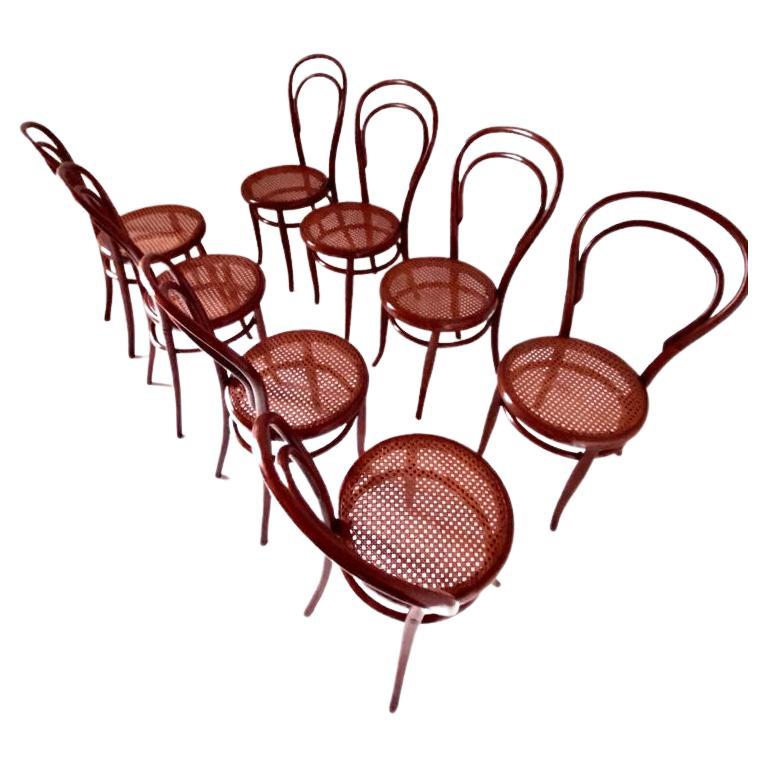 Bentwood and cane dining chairs, set of eight, Joseph Hofmann, Bielitz Austria, early 1900s. Charmy dinign chairs in pure early 1900s style. Manufactured in Austria, the chairs are made by curved bentwood wood and cane. Fully restored as