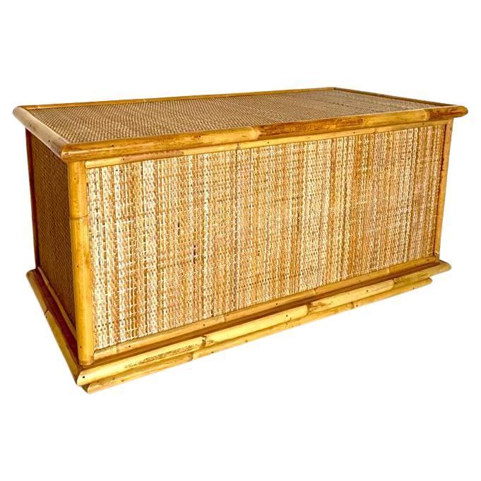 Vintage rattan and wood chest, Dal Vera Italy, 1970s For Sale
