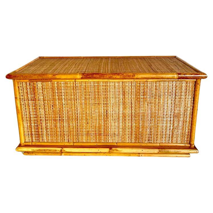Mid-Century Modern Vintage rattan and wood chest, Dal Vera Italy, 1970s For Sale