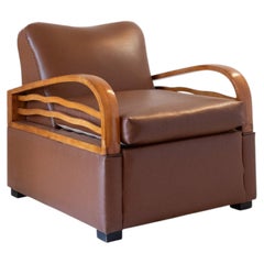 Italian Art Déco Convertible Armchair / Sleeper Chair in Brown Leatherette