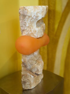 Orange Sanded Blown Orange Glass Pakistani Onyx Sculpture by Edoardo Cozzani