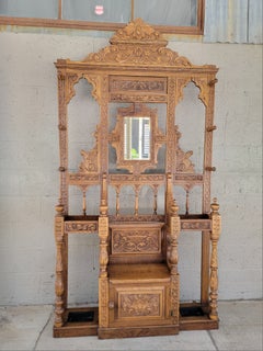 Hall Tree Carved Oak Victorian Gothic Revival Ca. 1895-1915