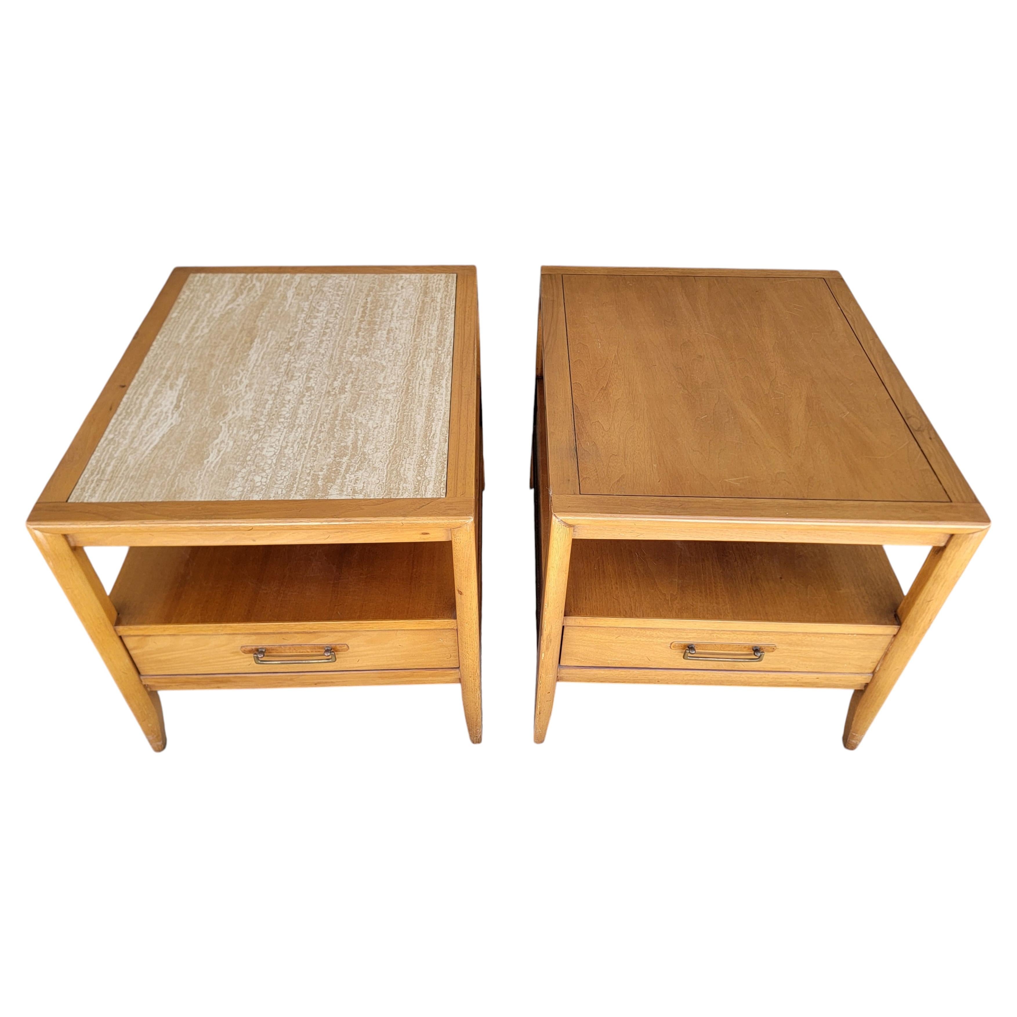 Mid-Century Modern Drexel End Tables with Travertine Top A Pair For Sale