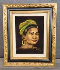 Black Velvet Portraiture Painting Depicting Polynesian Woman Mid-Century Modern