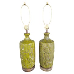 Mid-Century Modern Large Brutalist Lamps with Green Earth Tone Glaze