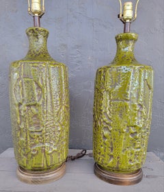 Mid-Century Modern Large Brutalist Lamps with Green Earth Tone Glaze