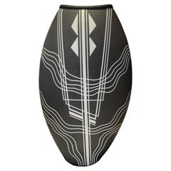 William Crutchfield Raku Style Vase with Fine Geometric Line Work Ca. 1980's