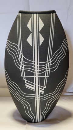 William Crutchfield Raku Style Vase with Fine Geometric Line Work Ca. 1980's