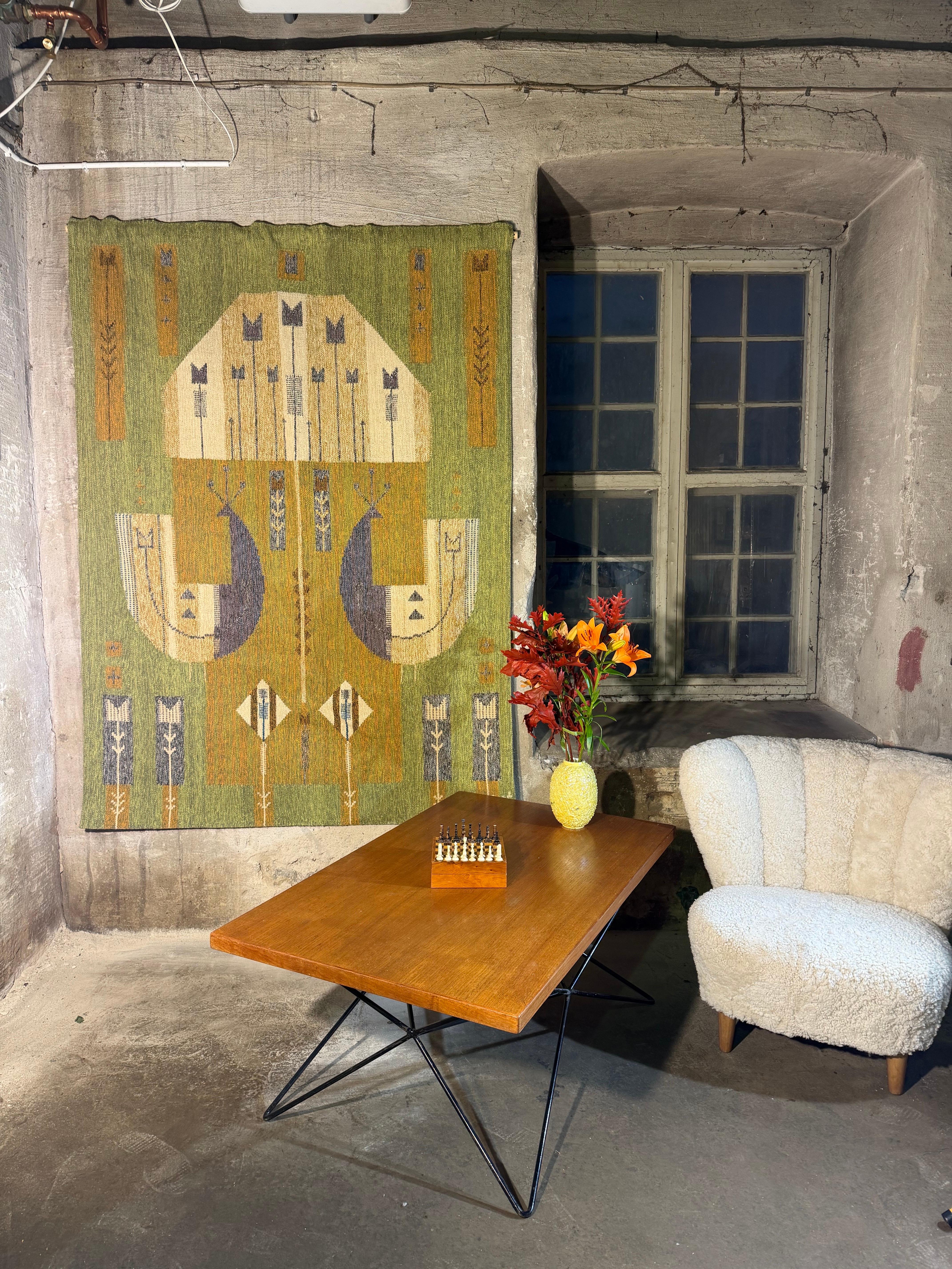 Éva Németh - Grüner Flachgewebeteppich mit Vögeln - Ungarn um 1970er (Wolle) im Angebot