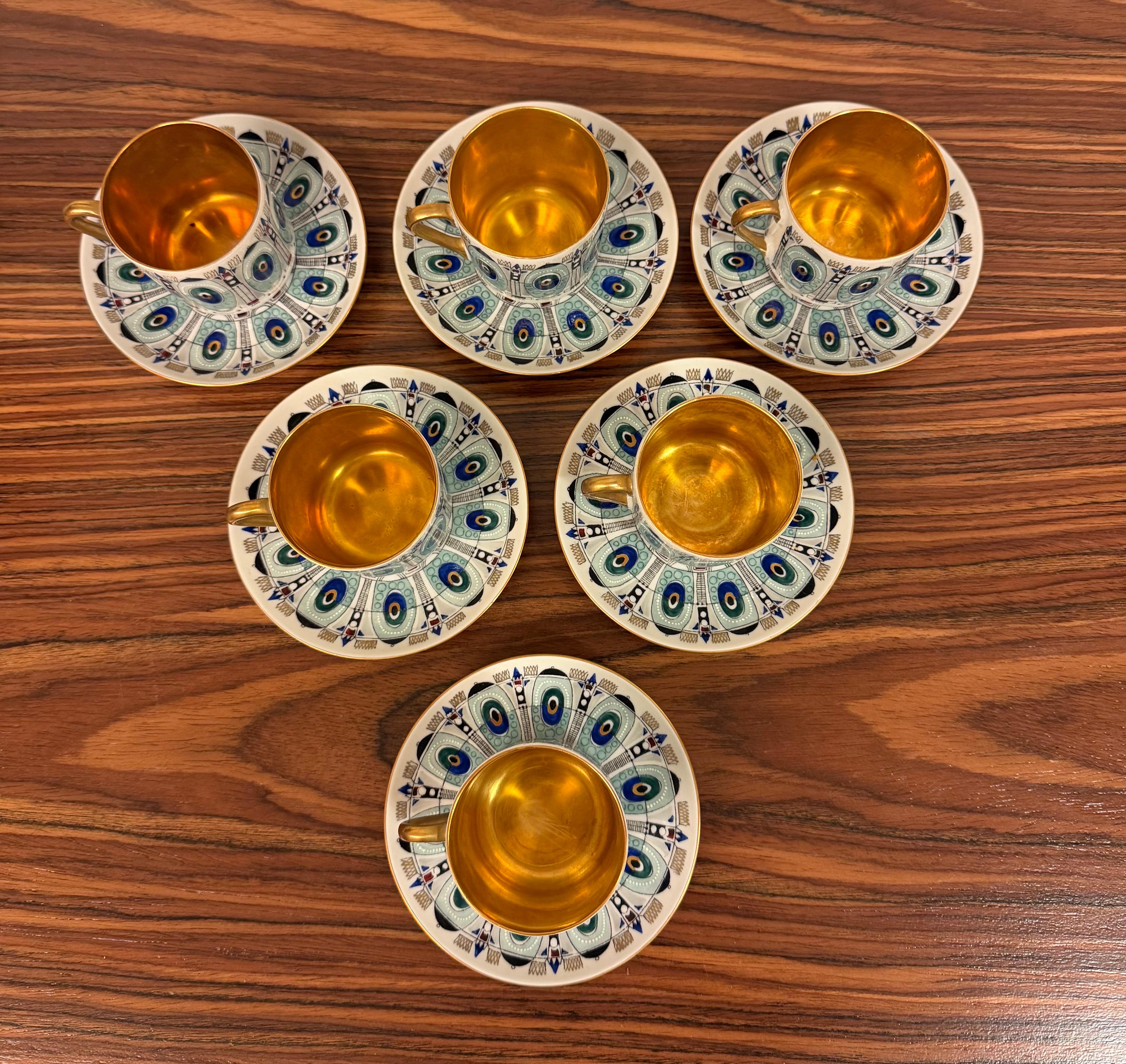 6 tazas y platillos, Eira Gold, Arabia, Raija Liisa Uosikkinen, años 50 Escandinavia Porcelana en venta