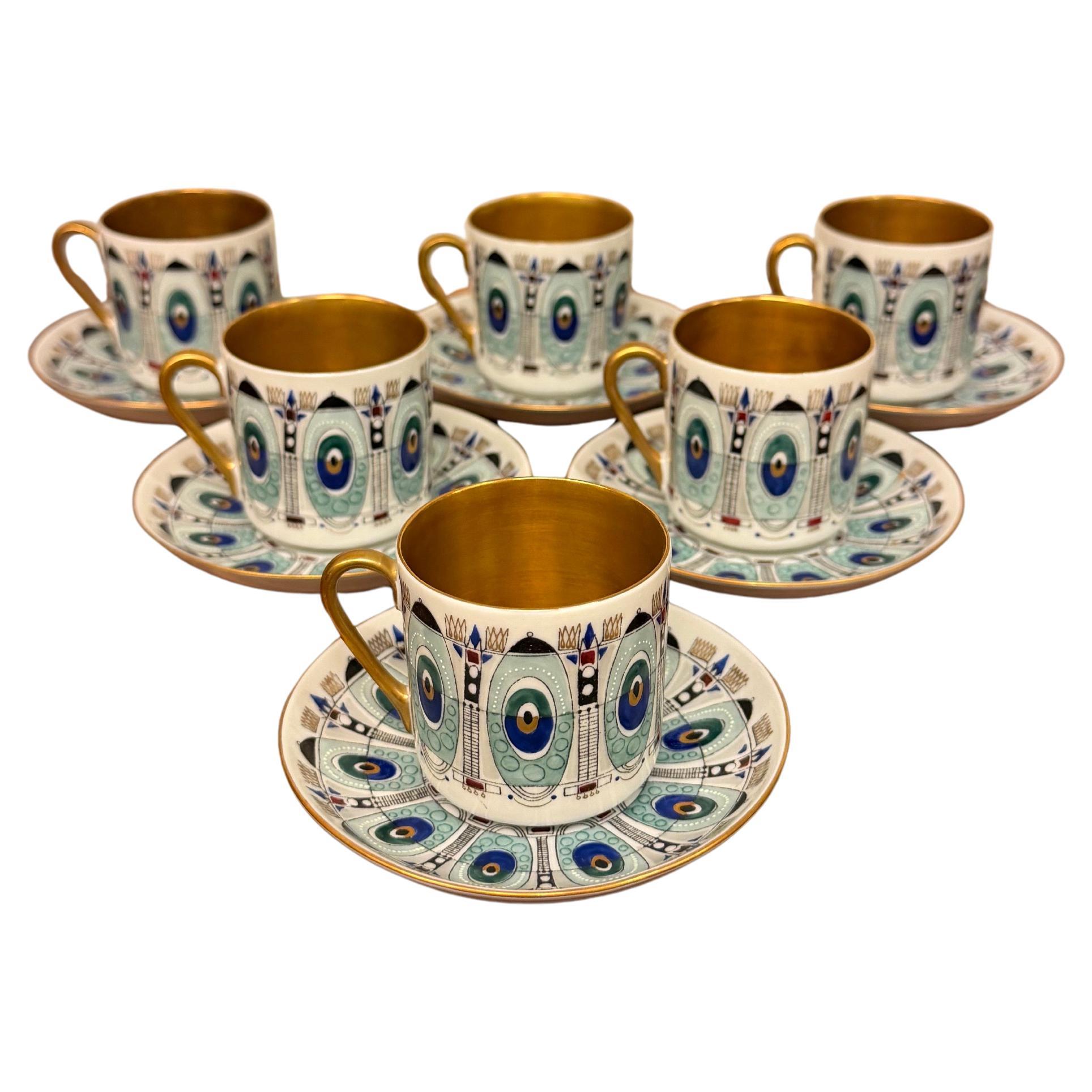 6 tasses et soucoupes en or Eira, Arabie, Raija Liisa Uosikkinen, années 1950