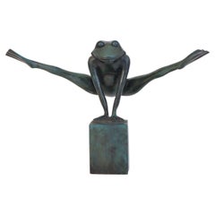 Sculpture en bronze - Grenouille sautant verte