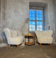 Pair of Carl-Johan Boman Lounge Chairs in Sheepskin and Wood, Finland, 1935