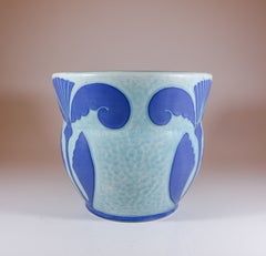 Art Nouveau Planter Ceramics, Floral Turquoise Blue Josef Ekberg Sgrafitto 1923