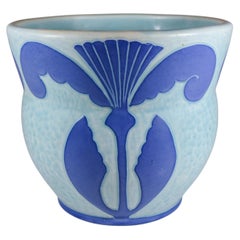 Art Nouveau Planter Ceramics, Floral Turquoise Blue Josef Ekberg Sgrafitto 1923