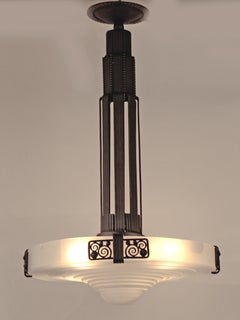 French Art Deco Pendant Chandelier, Wrought Iron & Frosted Glass, 1928