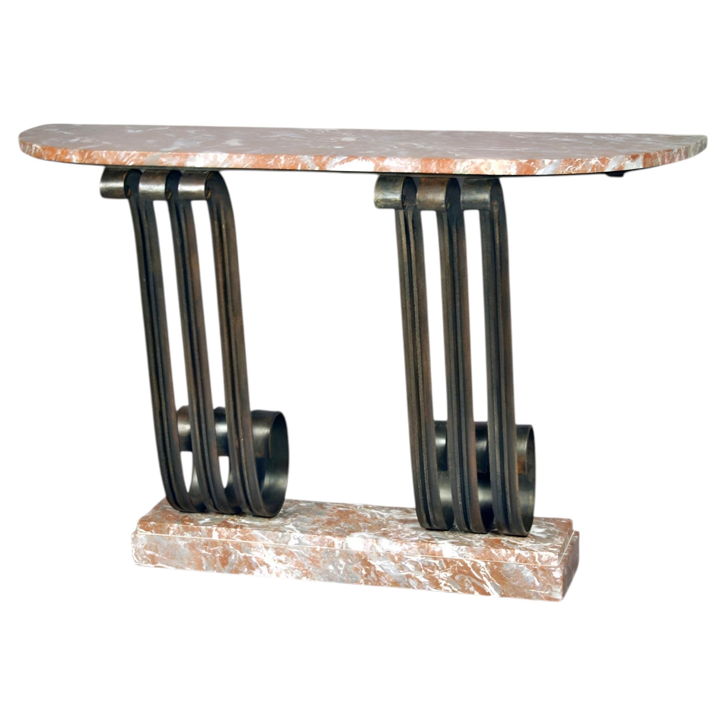 Art Deco Console Table by Raymond Subes, Wrought Iron & Marble, 1935