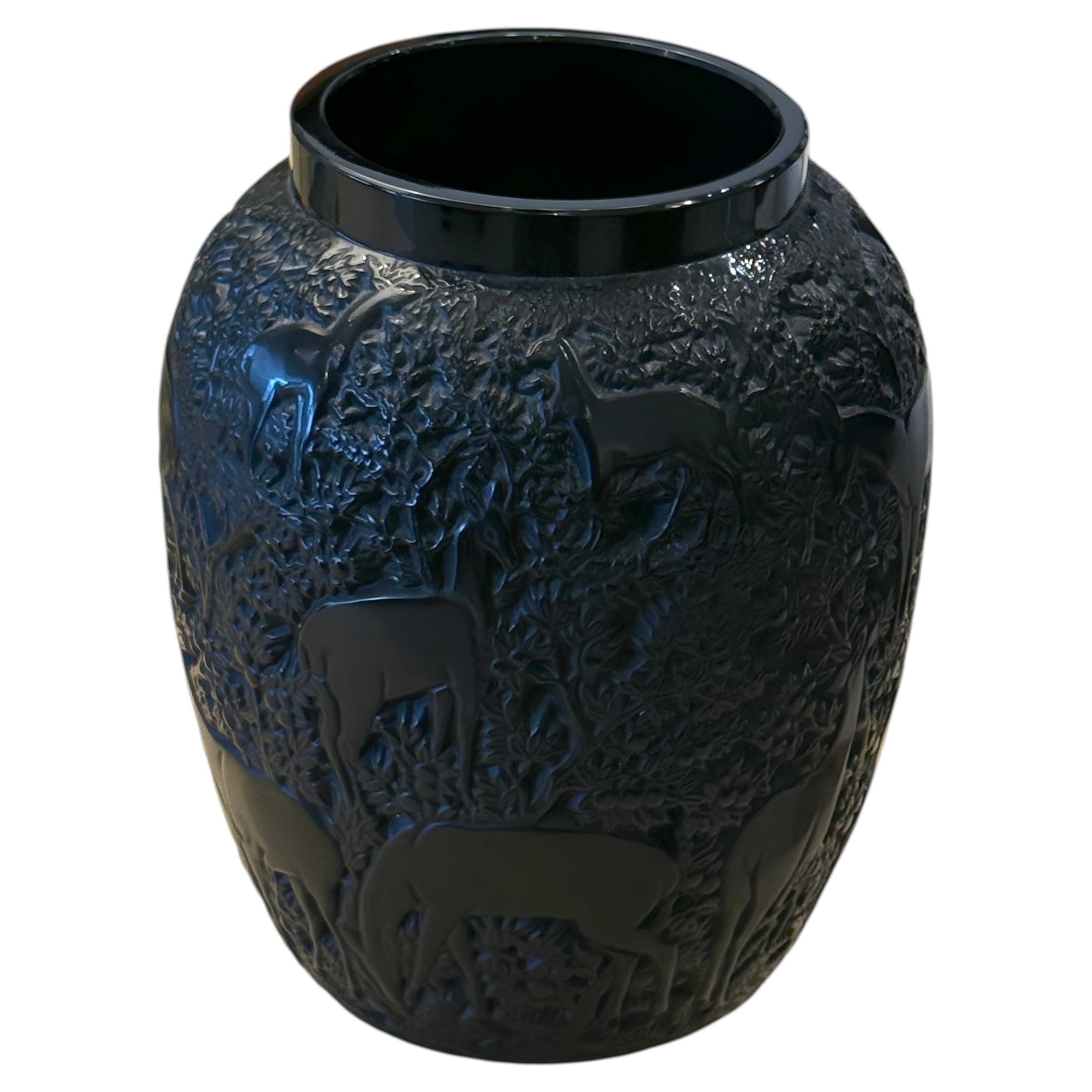 Black Glass Biches Vase by Lalique, Modern Design, France, 1995