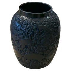 Black Glass Biches Vase by Lalique, Modern Design, France, 1995