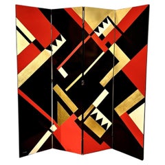 Art Deco Four-Fold Screen, Lacquered Wood, Geometric Design, 1960