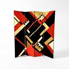 Art Deco Four-Fold Screen, Lacquered Wood, Geometric Design, 1960