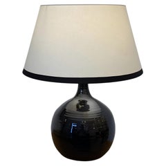 French Midcentury Black Glazed Ceramic Table Lamp Signed B. Aoustin, circa 1960
