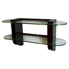 Art Deco Wall Console by Jules Leleu, Signed, Wood and Thick Glass, circa 1935