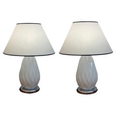 Pair of Mid-Century French Opalescent Glass Table Lamps with Parchment Shades