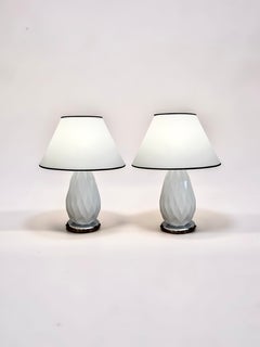 Pair of Mid-Century French Opalescent Glass Table Lamps with Parchment Shades