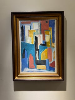 C. Riboud Mid-Century Cubist Abstract Painting, Architectural Composition