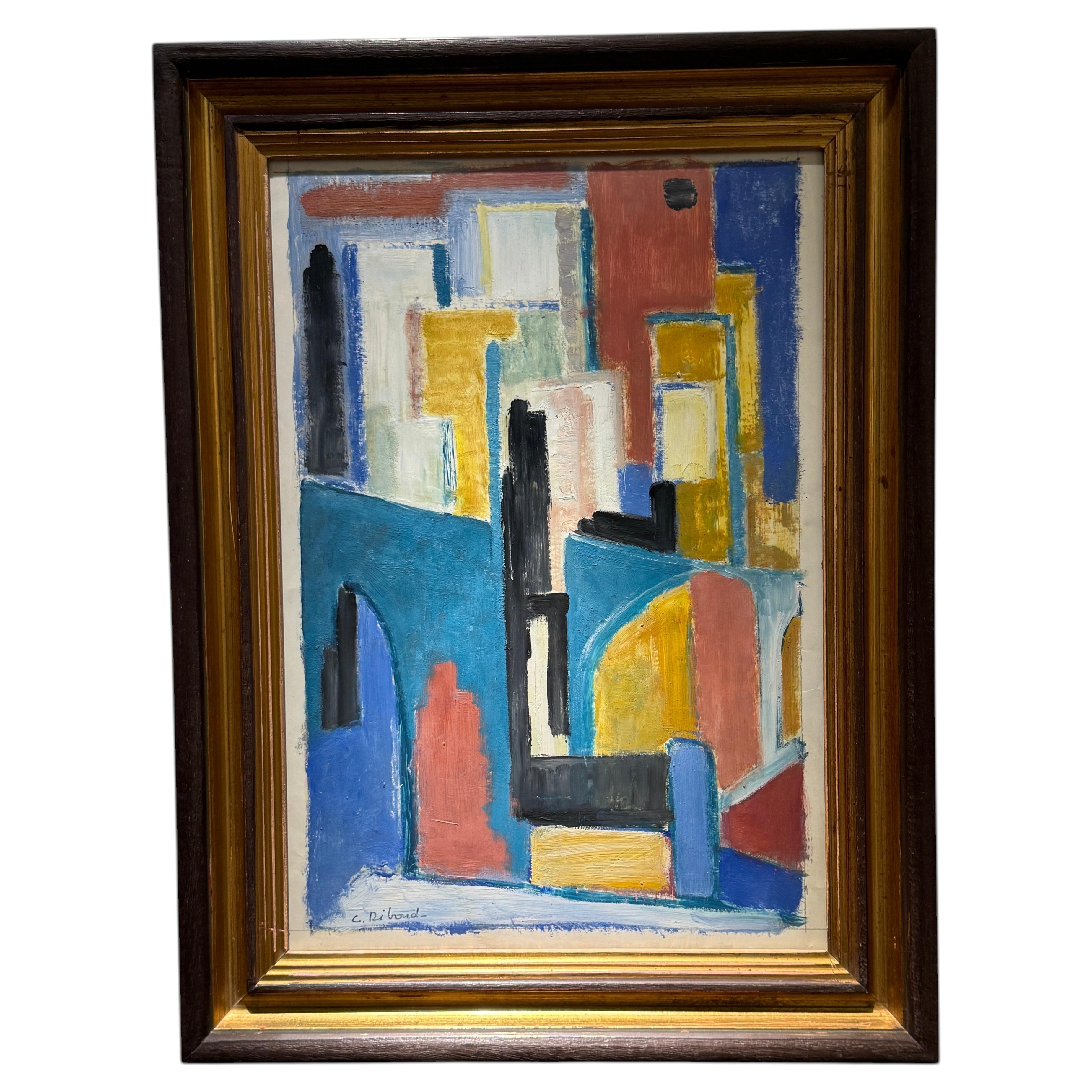 C. Riboud Mid-Century Cubist Abstract Painting, Architectural Composition