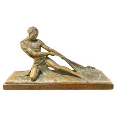 Art Deco Bronzed Terracotta Sculpture "The Fisherman" by Ugo Cipriani, France
