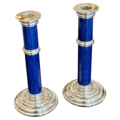 Art Deco Candlesticks by Emile Puiforcat, Silver & Lapis Lazuli, 1930