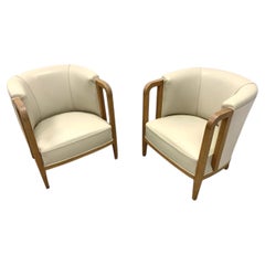 Pair of Art Deco Tub Chairs in Oak and Leather, René Prou, France, circa 1930s