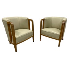 Pair of Art Deco Tub Chairs in Oak and Leather, René Prou, France, circa 1930s